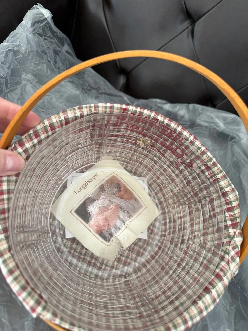 Longaberger woven memories basket with red and cream plaid liner & protector